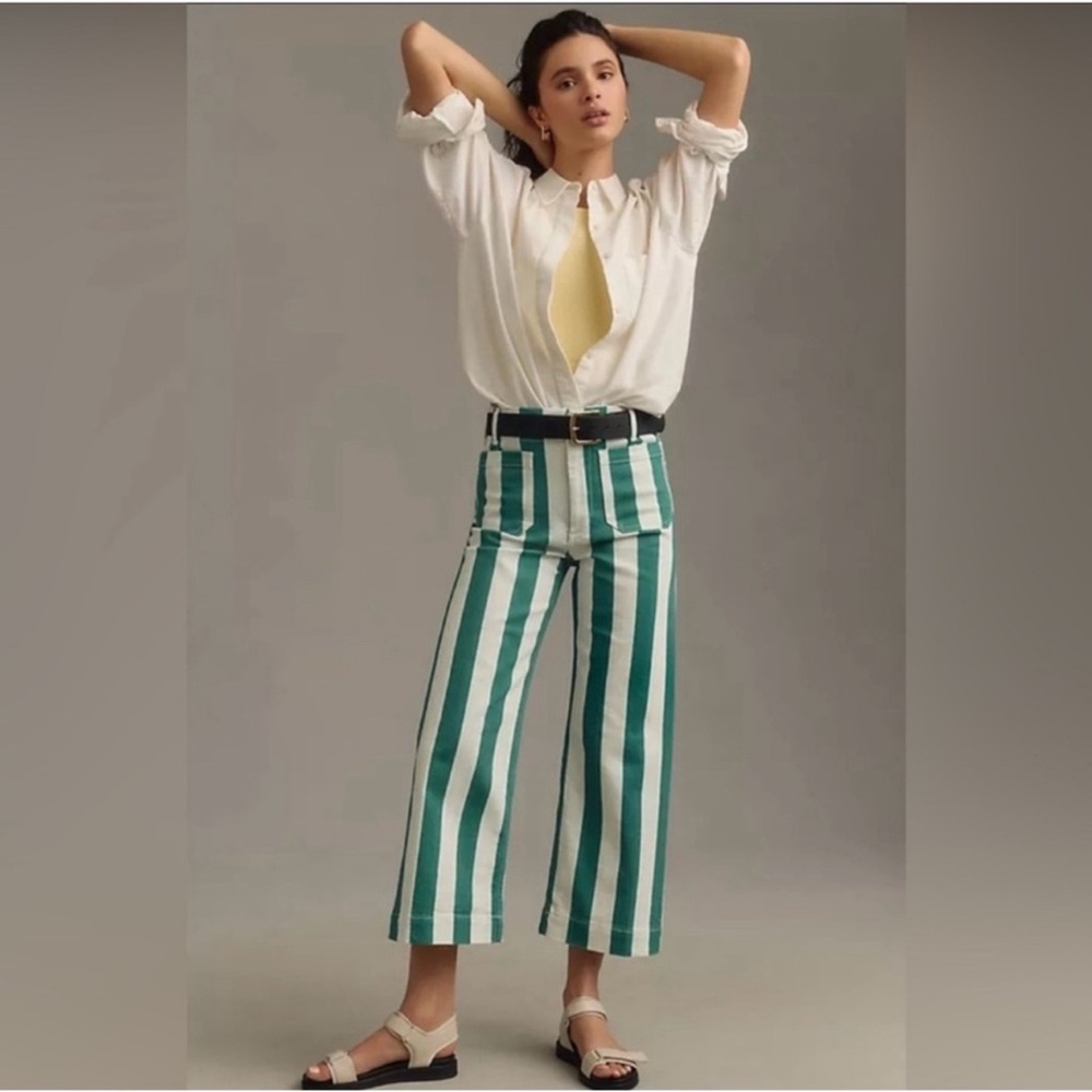 Maeve Green & White Vertical-Stripe Cropped Wide-Leg Pants